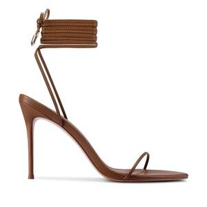 FEMME LA Brown Leather Wrap-Ankle Stiletto Heels